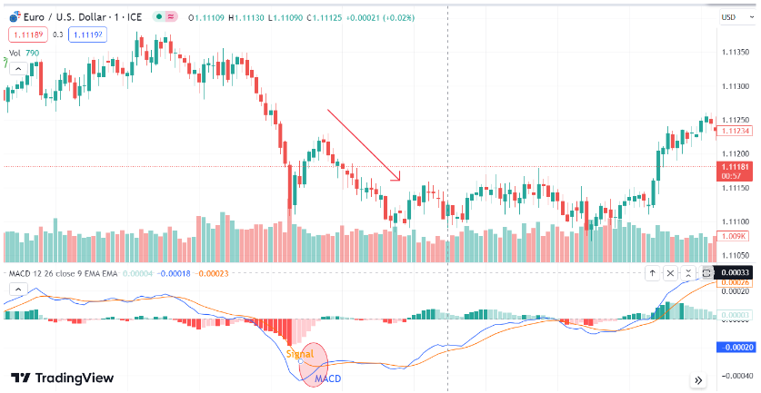 signal surfaces when the MACD line drops beneath the signal line